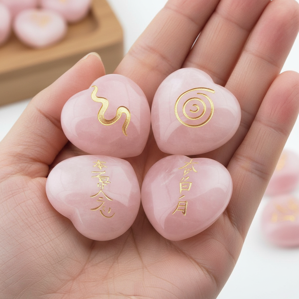 rockcloud Healing Crystal 4pcs Rose Quartz Heart Love Stones Hand Carved Worry Stones Palm Pocket Stone Reiki Balancing